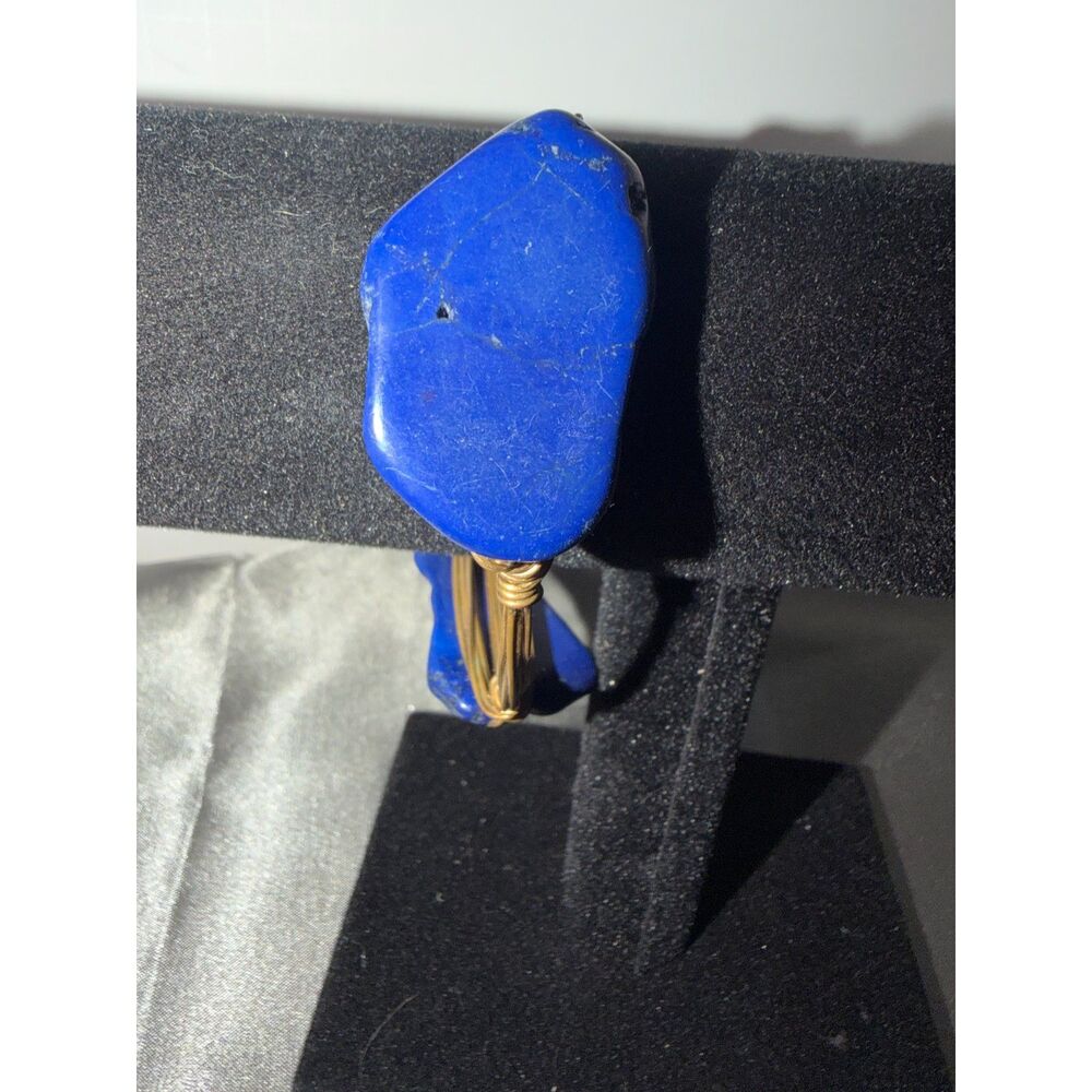 Artisan Sodalite Nugget Wire Wrap Cuff Bracelet Gold Tone Boho